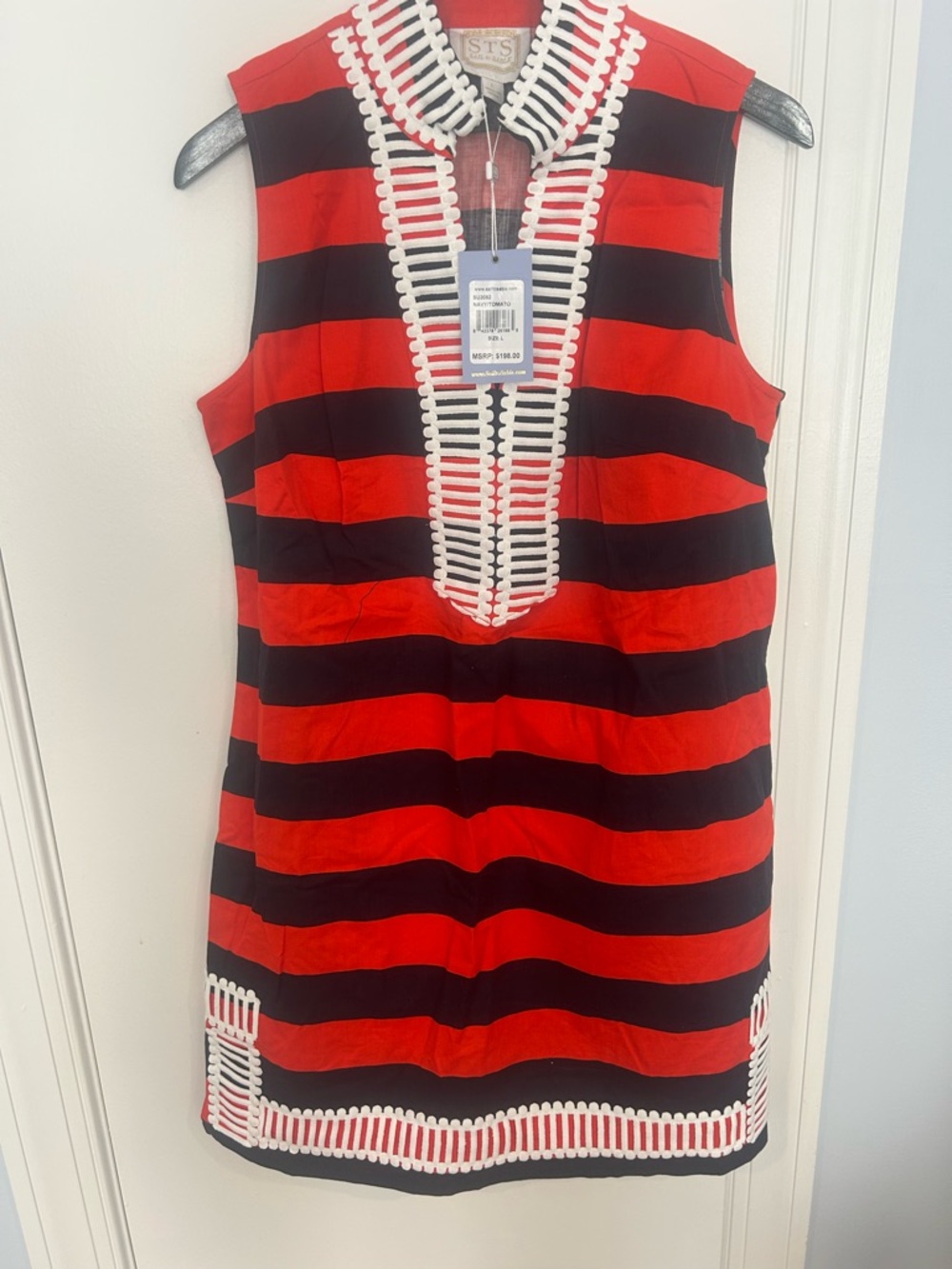 Sail to Sable NWT Navy Tomato Striped Sleeveless Shift Dress with White Trim